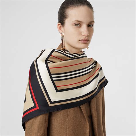 Silk scarf with Monogram, iconic stripes and Burberry check Beige